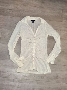 Forever 21 Y2K Cream Ruched Button Up Sheer Top